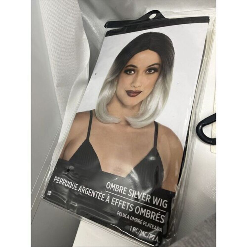 Halloween Medium Length Ombre Silver Black Costume Wig NEW